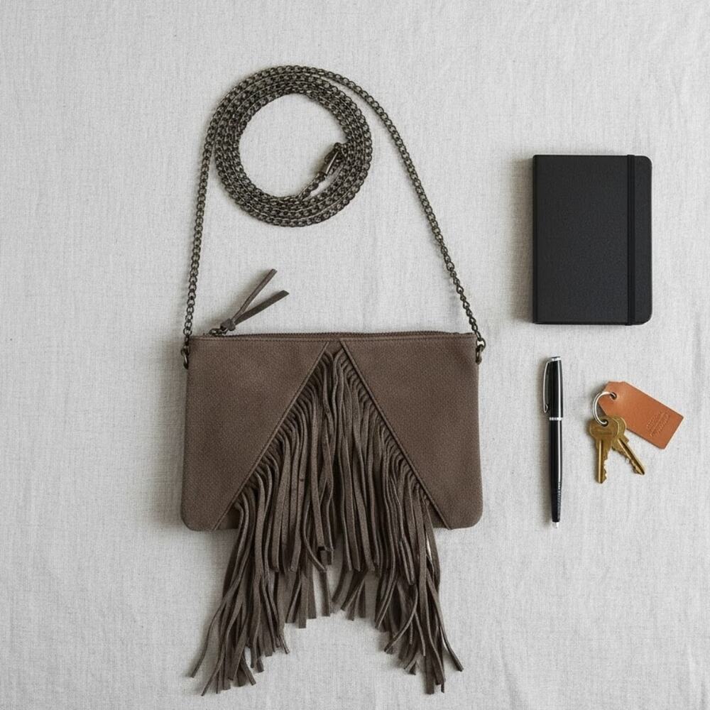 Ampere Pauline Vegan Leather Fringe Crossbody Bag Purse Brown NWT